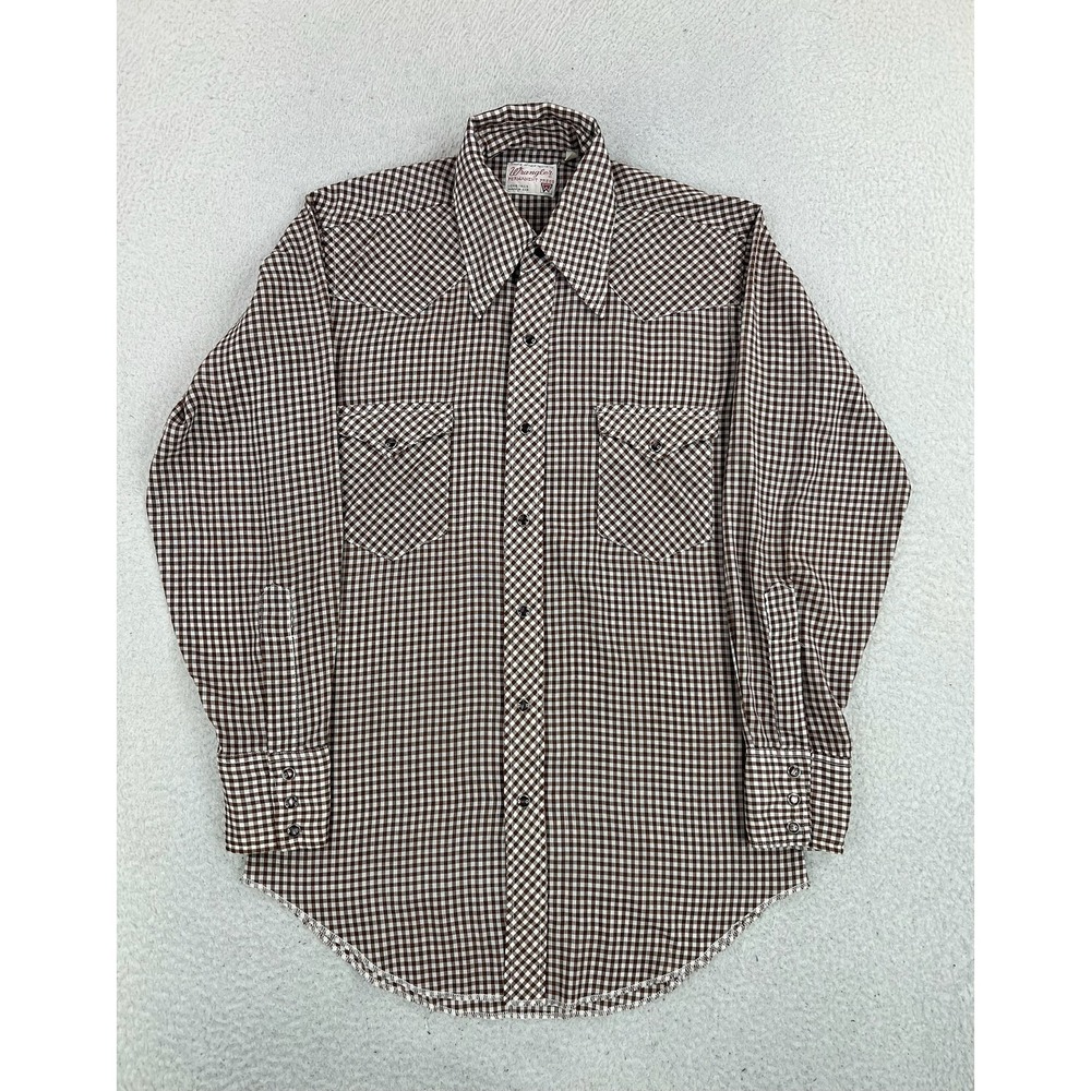 Vintage Wrangler Shirt Mens Medium 15-32 Brown Check Western LS Made USA